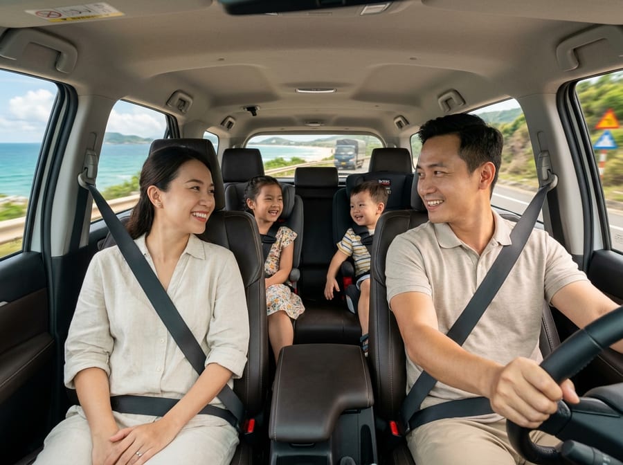 Happy family enjoying comfortable private car transfer in Da Nang with child safety seats
