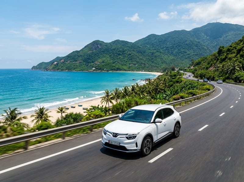 White private SUV transfer along scenic Da Nang coastal road